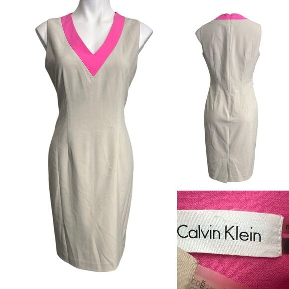 Calvin Klein‎ dress 6 tan/pink colorblock sleeveless knee length office church - Picture 1 of 6